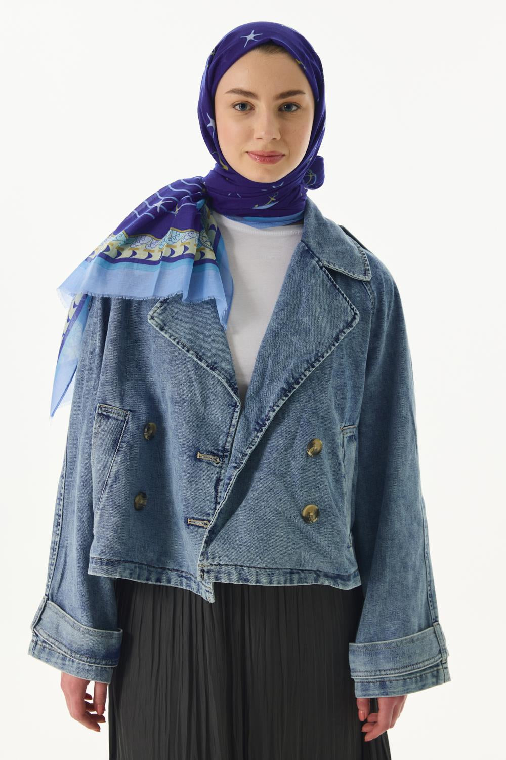 Terra saks mavi okyanus desen pamuklu şal | Renk: Saks mavi