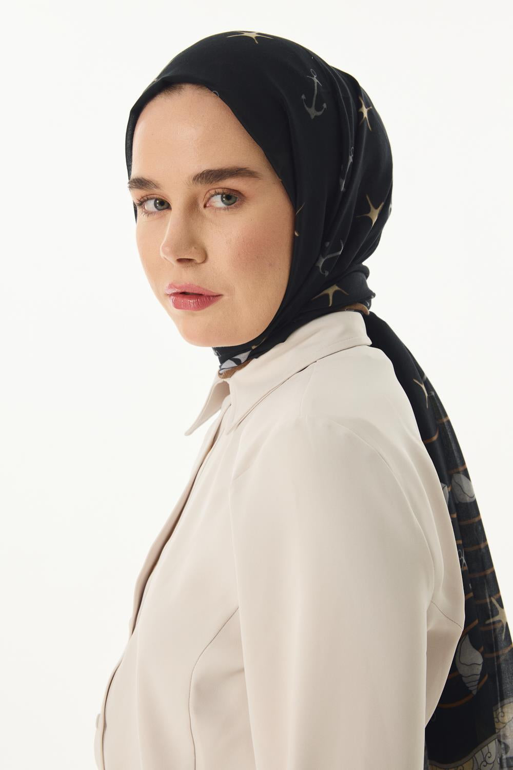 Terra siyah okyanus desen pamuklu şal | Renk: Siyah