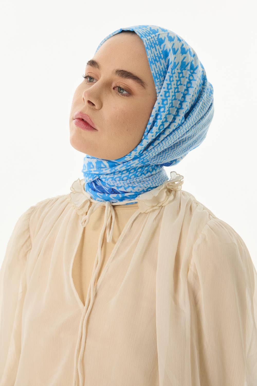 Tulip bebe mavi-lacivert yaprak desen pamuklu şal | Renk: Bebe mavi lacivert