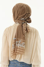 Tulip kahve-krem yaprak desen pamuklu şal | Renk: Kahve krem