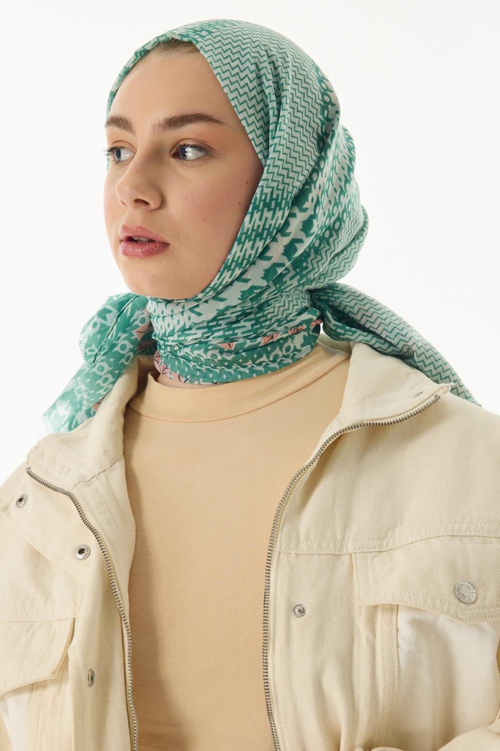Tulip mint- pudra yaprak desen pamuklu şal | Renk: Mint pudra