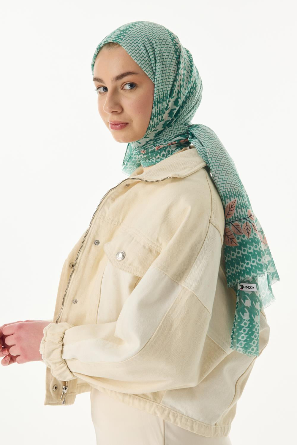 Tulip mint- pudra yaprak desen pamuklu şal | Renk: Mint pudra