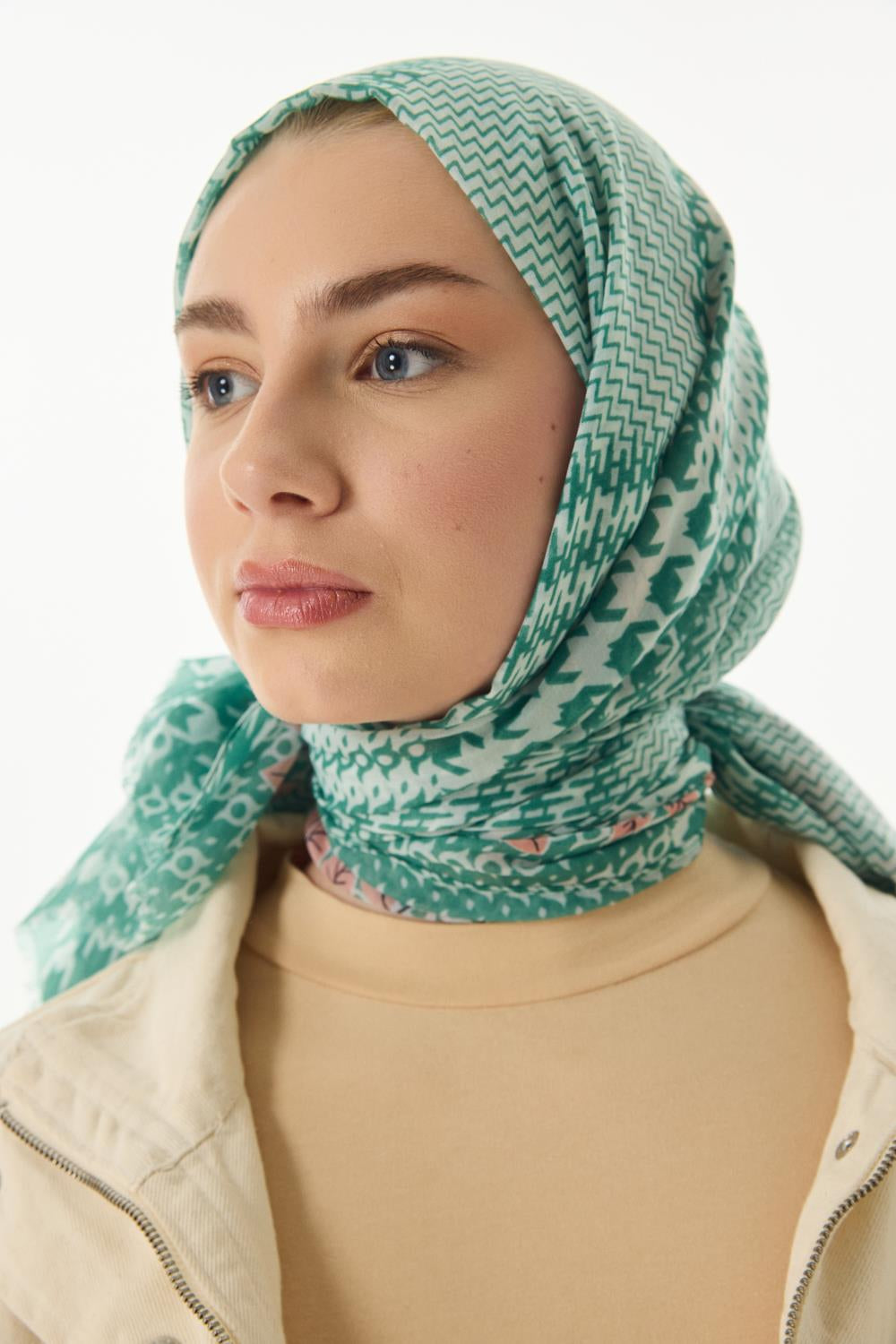 Tulip mint- pudra yaprak desen pamuklu şal | Renk: Mint pudra