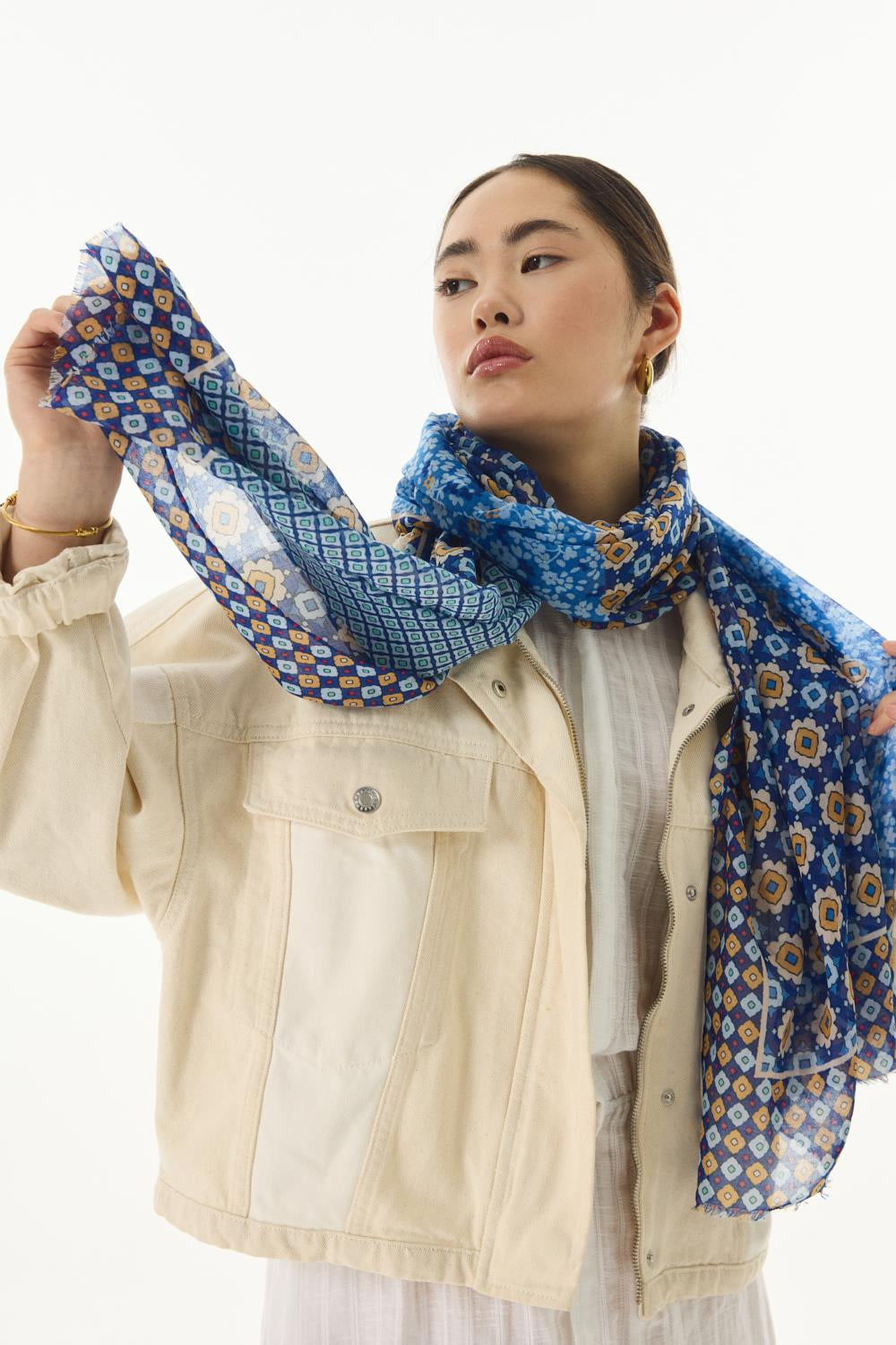 Violet mavi geometrik çiçek desen pamuklu şal | Renk: Mavi