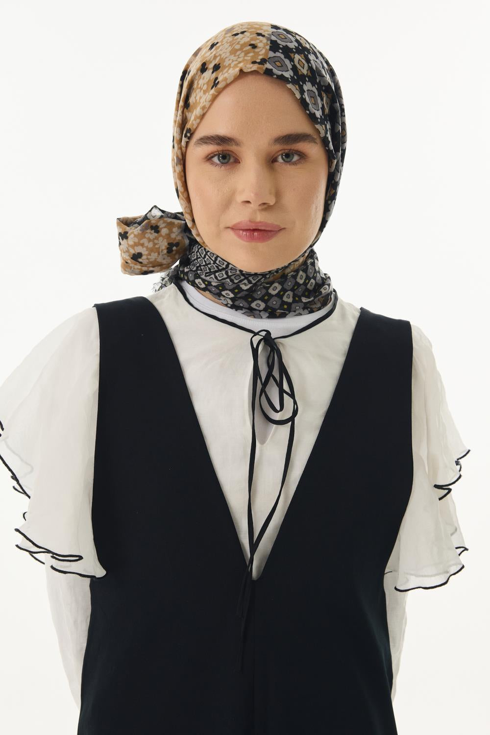 Violet siyah geometrik çiçek desen pamuklu şal | Renk: Siyah