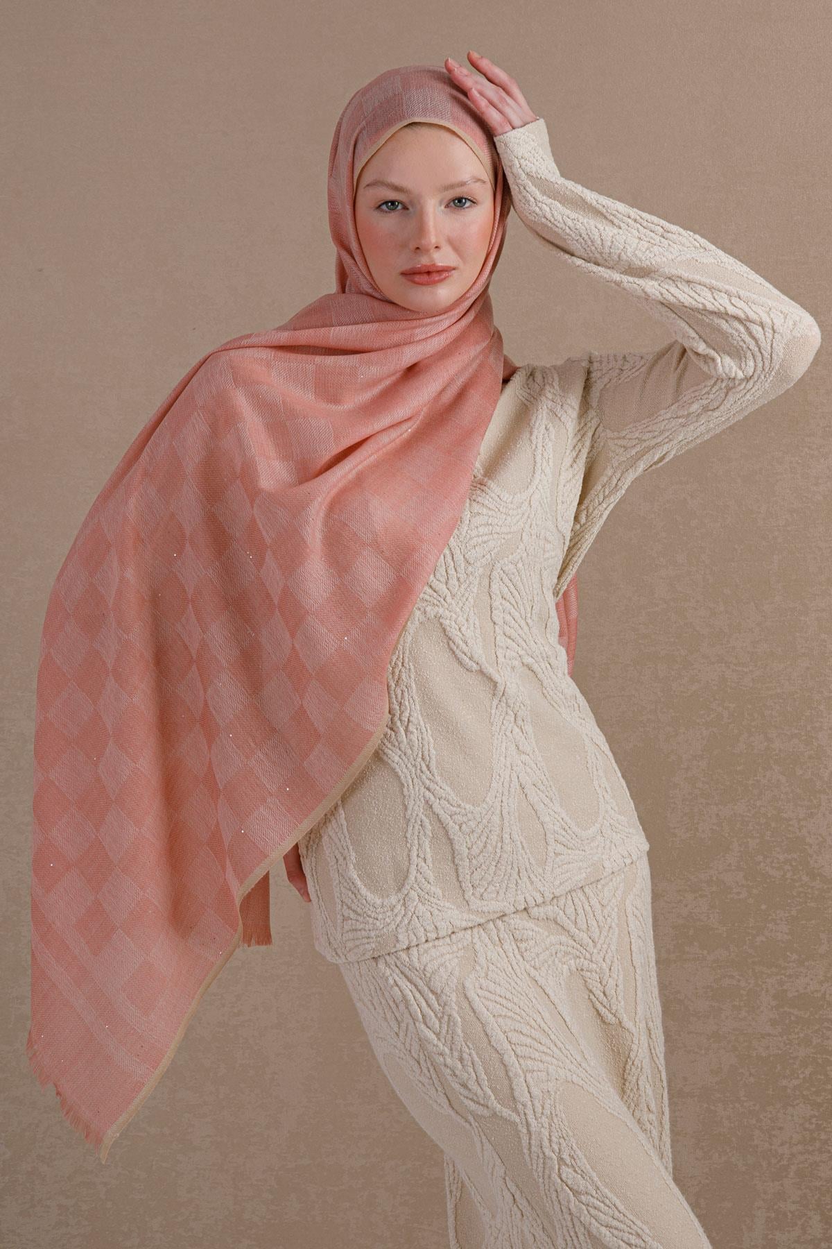Yün kaşmir karışımı dama desen pembe şal | Renk: Pembe