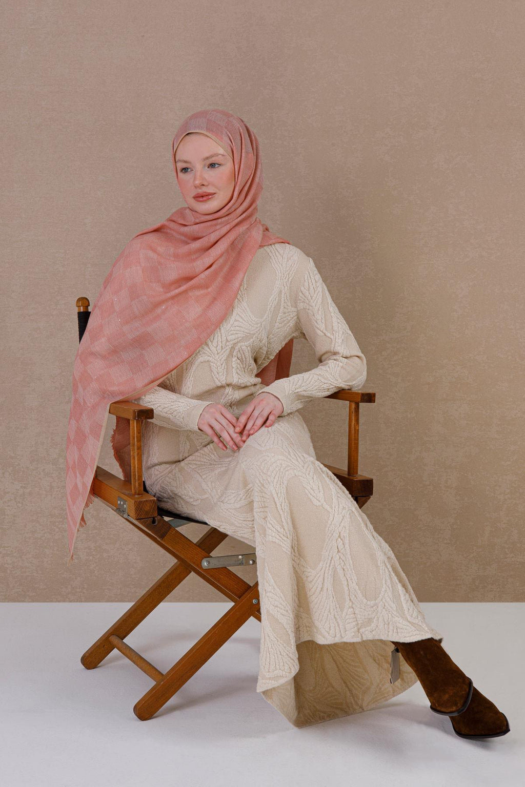 Yün kaşmir karışımı dama desen pembe şal | Renk: Pembe