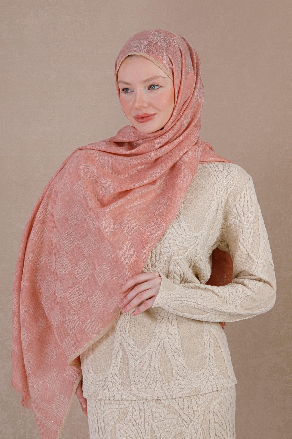 Yün kaşmir karışımı dama desen pembe şal | Renk: Pembe