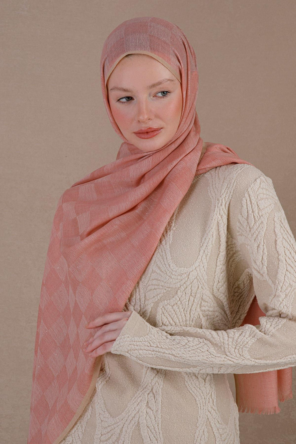 Yün kaşmir karışımı dama desen pembe şal | Renk: Pembe