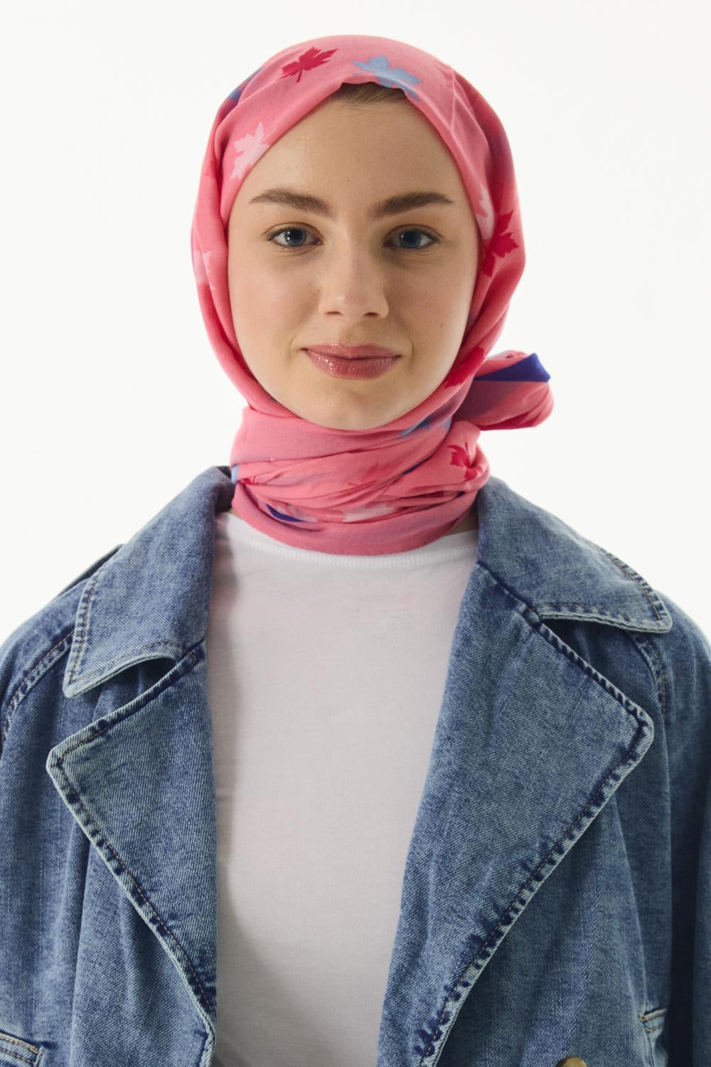 Zeta şeker pembe yaprak desen pamuklu şal | Renk: Şeker pembe