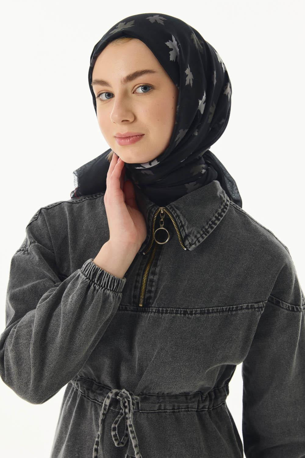 Zeta siyah yaprak desen pamuklu şal | Renk: Siyah