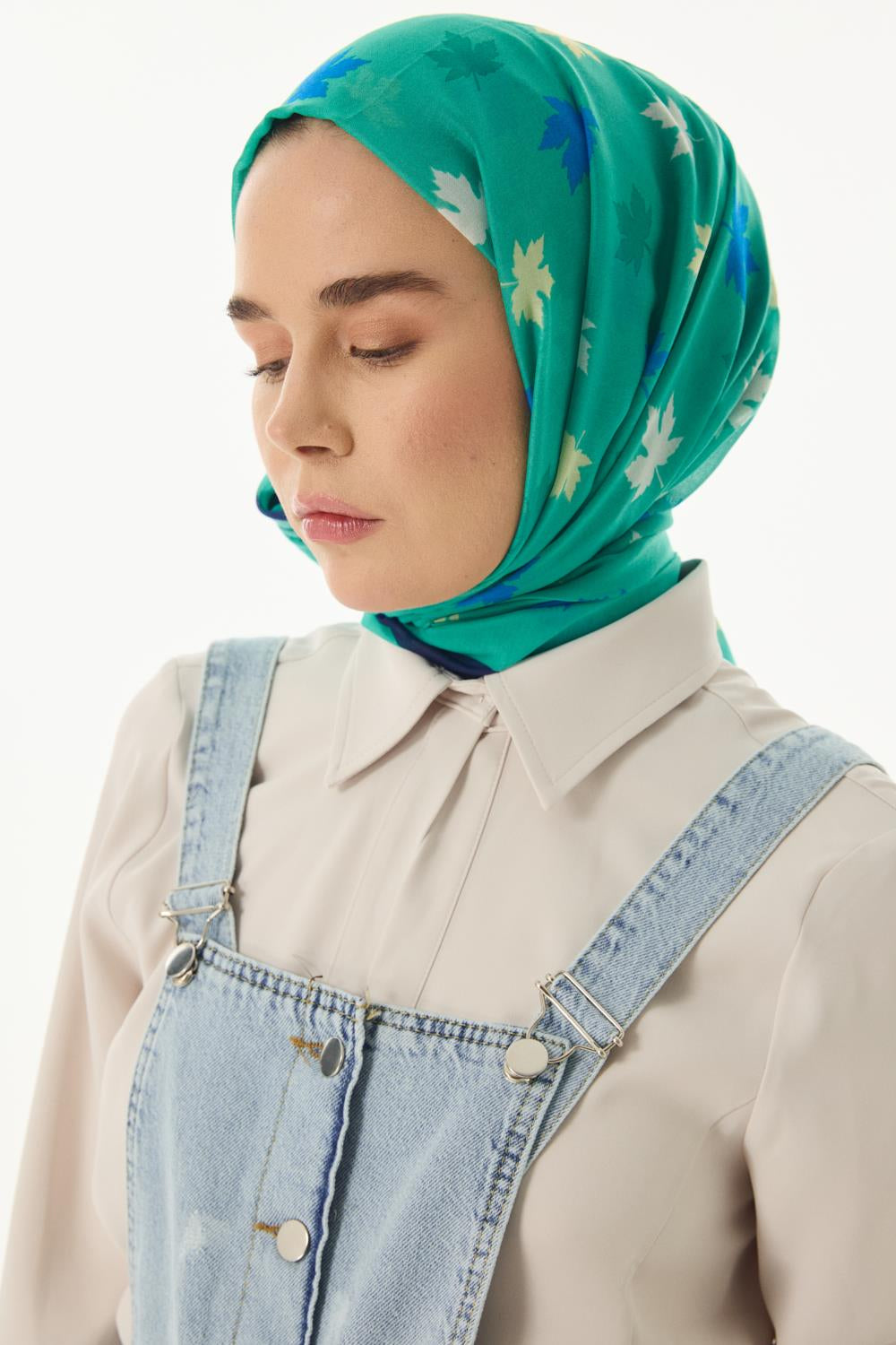 Zeta yeşil yaprak desen pamuklu şal | Renk: Yeşil